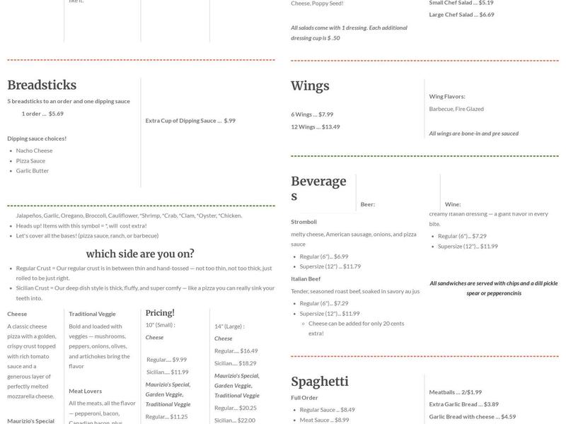 Maurizio's Pizza Menu