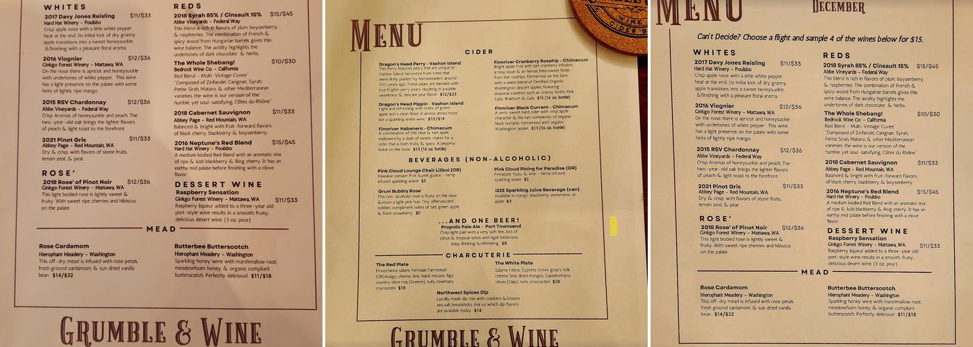 Grumble and Wine Menu