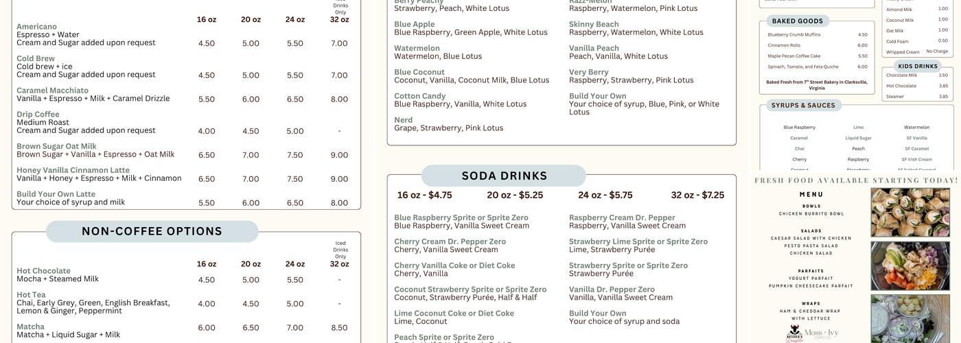Moss + Ivy Coffee Co. Menu