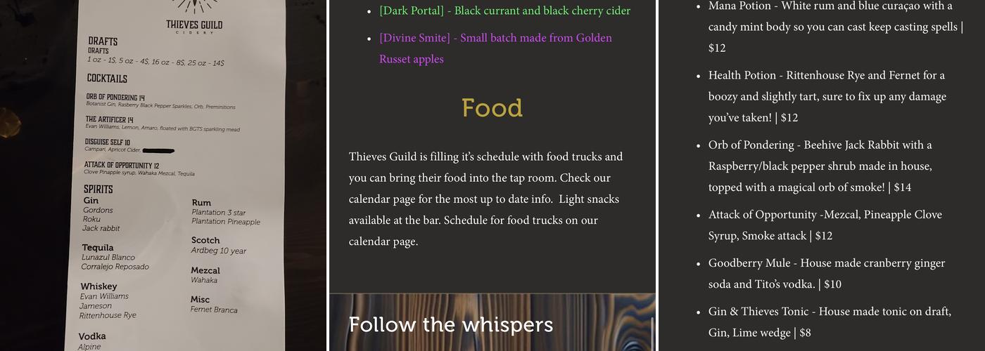 Thieves Guild Cidery Menu