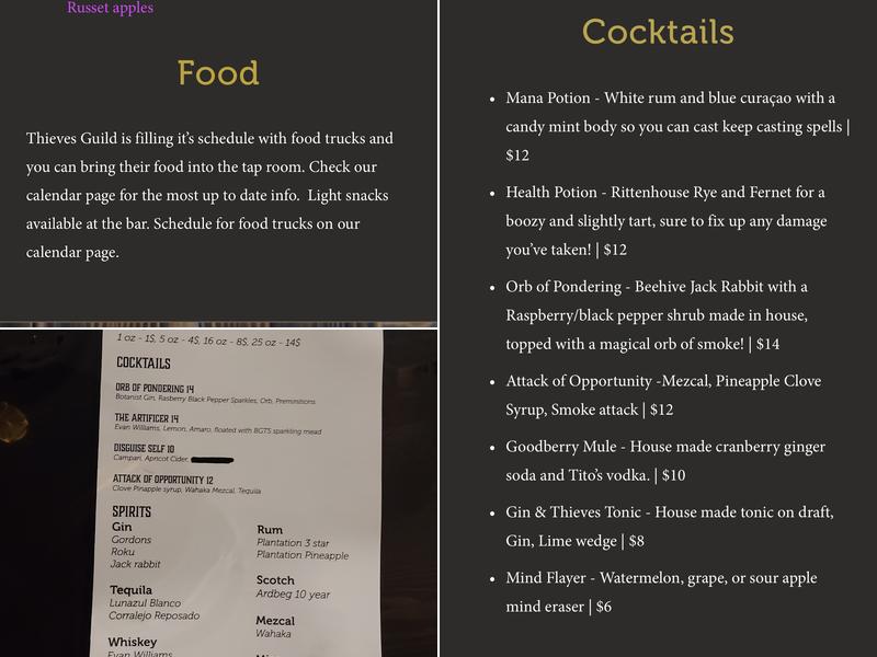Thieves Guild Cidery Menu