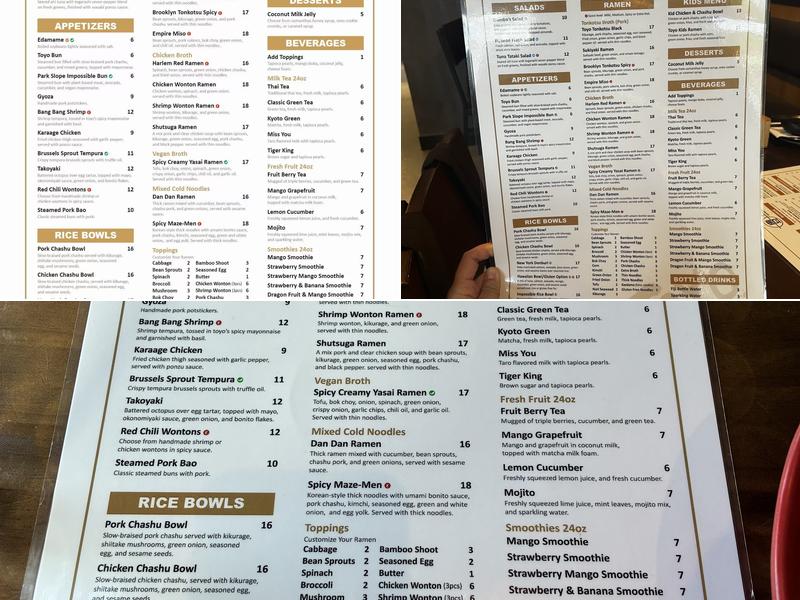 Toyo Ramen Bar Menu