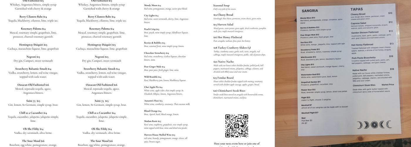 Harvest Moon Sangria Bar Newberg Menu