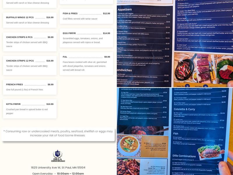 Dilla Sports Bar and Ethiopian Restaurant Menu