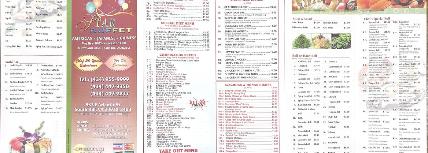 Star Buffet and Sushi Bar Menu