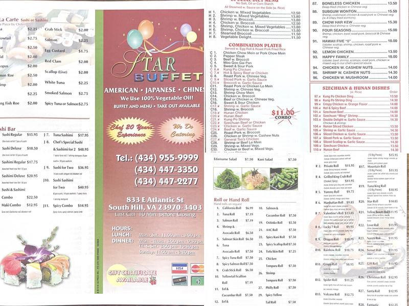 Star Buffet and Sushi Bar Menu