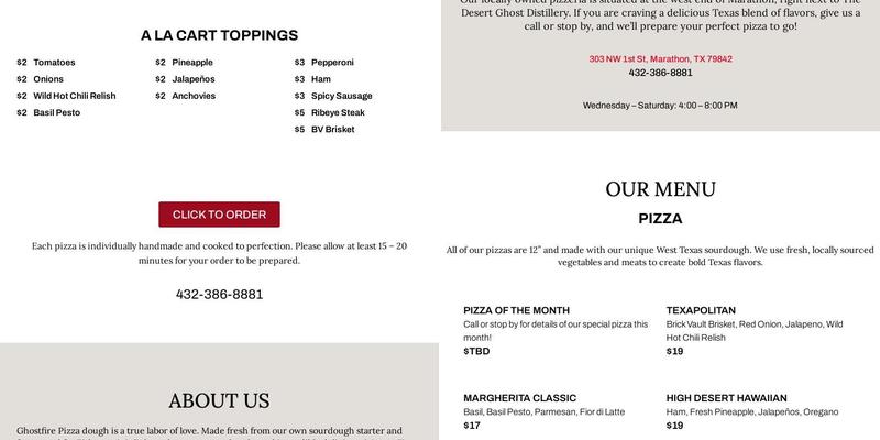 GhostFire Pizza Menu