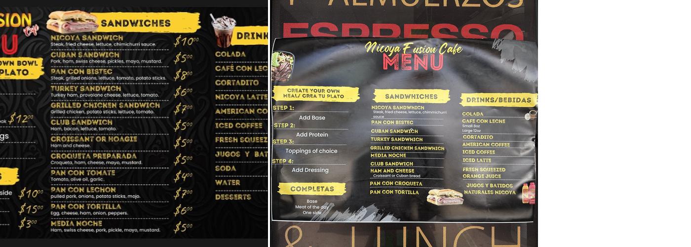 Nicoya Fusion Cafe Menu