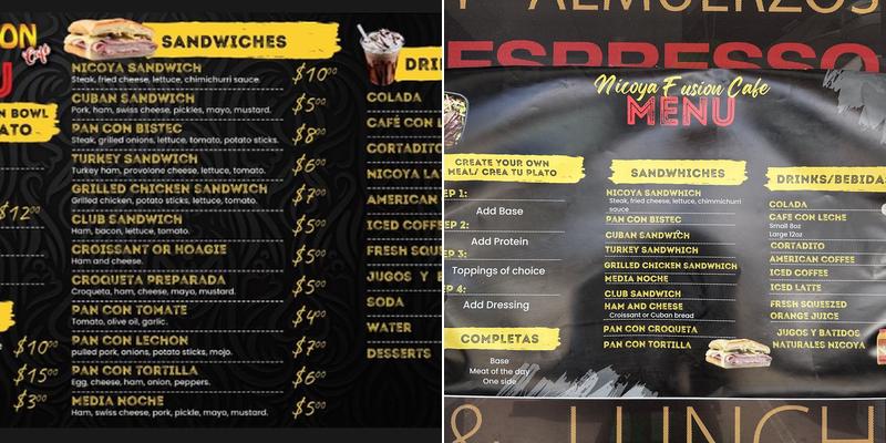 Nicoya Fusion Cafe Menu