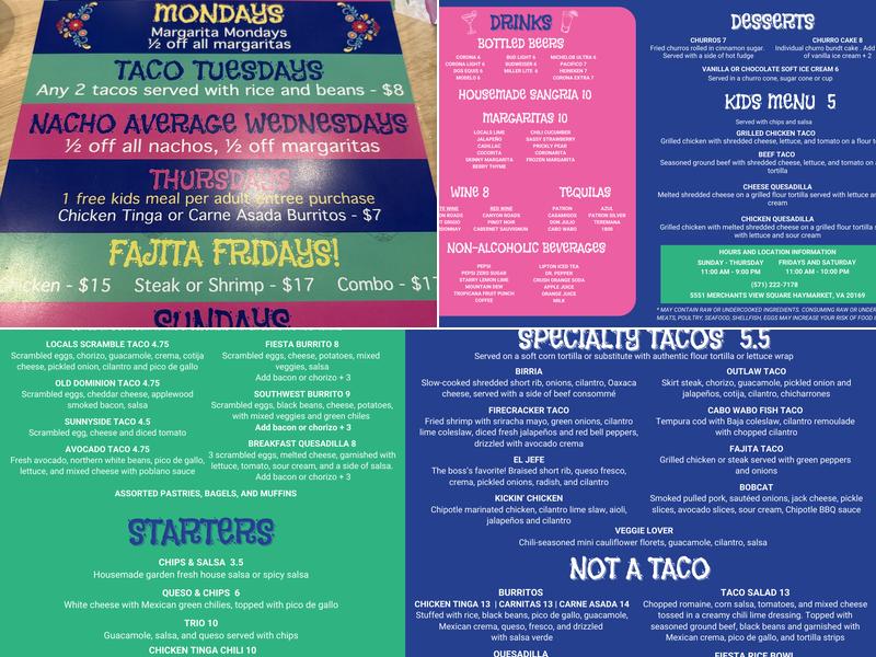 LOCALS Tacos and Tequila Menu