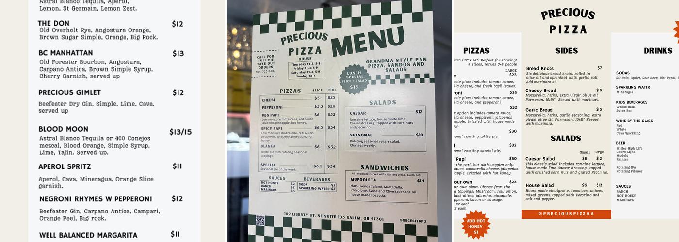 Precious Pizza Menu
