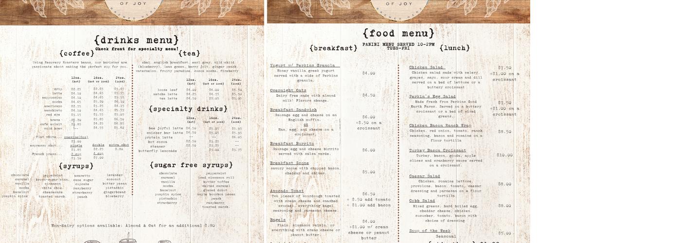 Cup of Joy Cafe, Too Menu