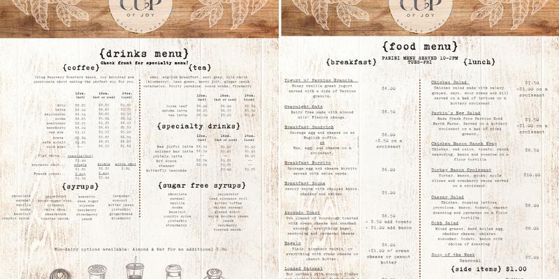 Cup of Joy Cafe, Too Menu