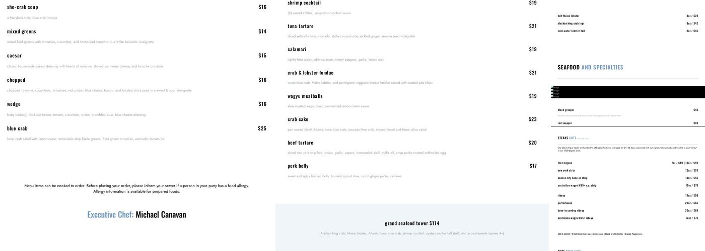 black & blue Steak and Crab, Wellesley, MA Menu