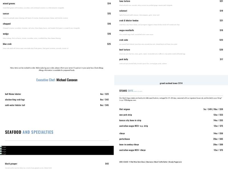 black & blue Steak and Crab, Wellesley, MA Menu