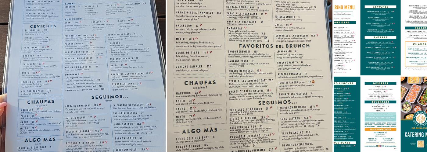 Pisco y Nazca Bethesda Menu