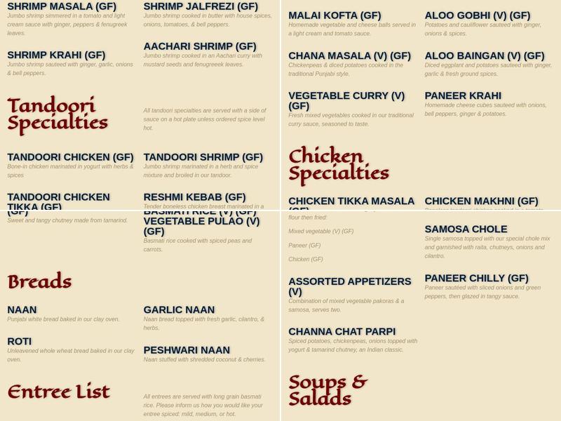 Handi Indian Cuisine Menu