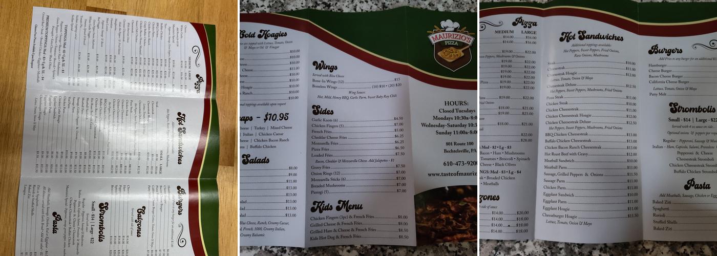 Maurizio's Pizza Menu