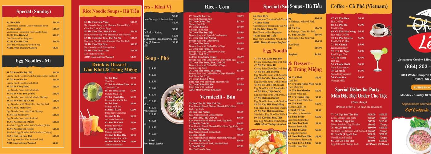 Pho Le Menu