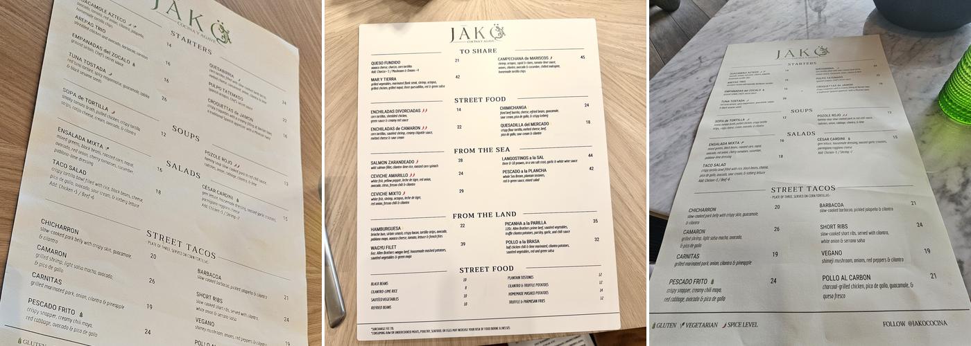 JĀKÖ Cocina y Agave Menu