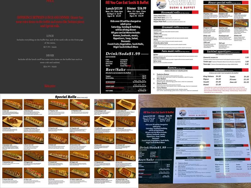 Takumi Sushi & Buffet Menu