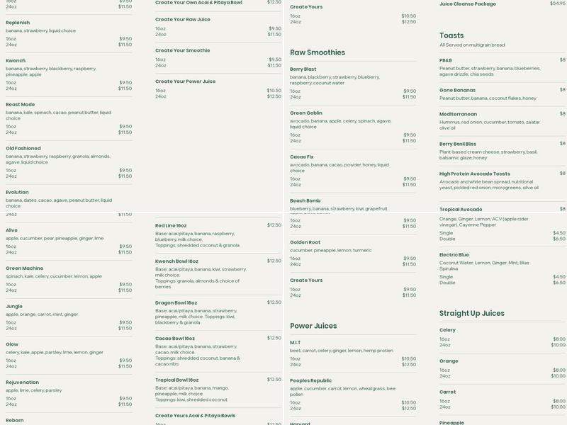 Kwench Juice Cafe Menu