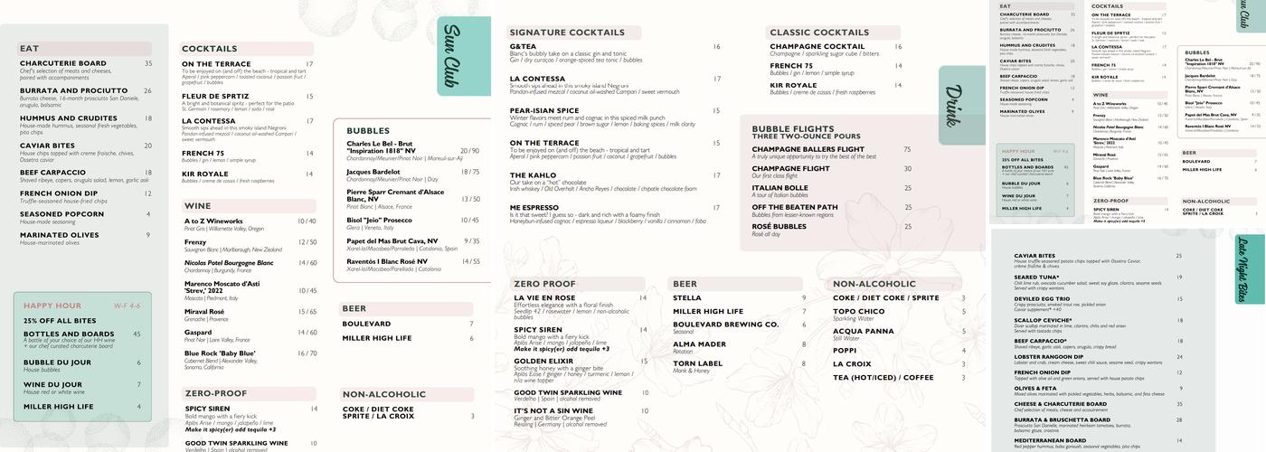 Blanc Champagne Bar Menu