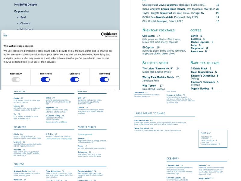 La Mar Cocina Peruana Bellevue Menu