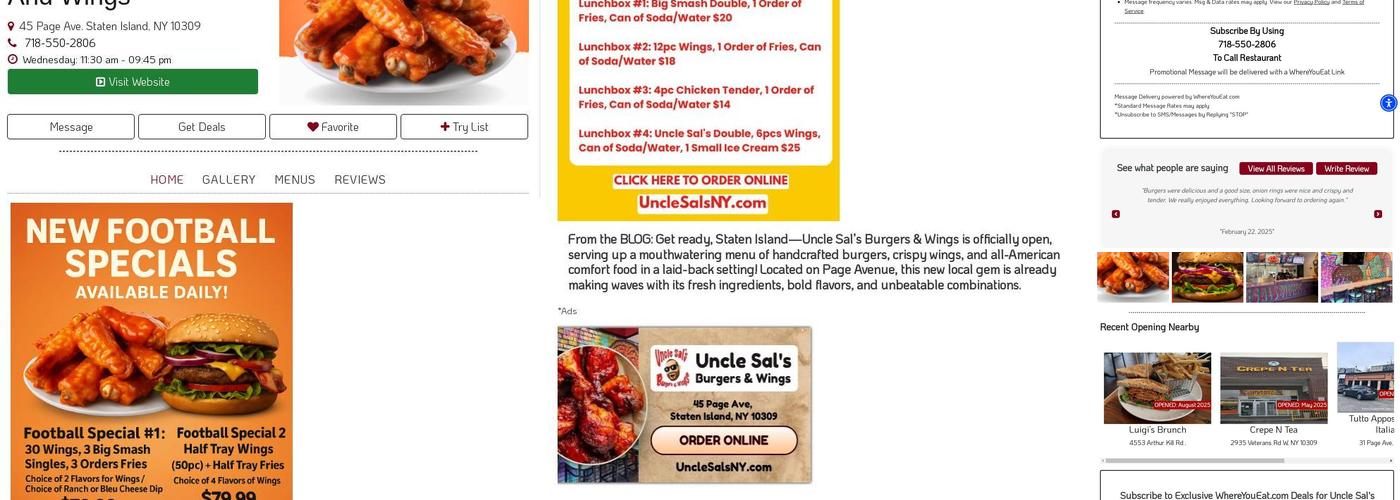 Uncle Sal's Burgers and Wings Menu