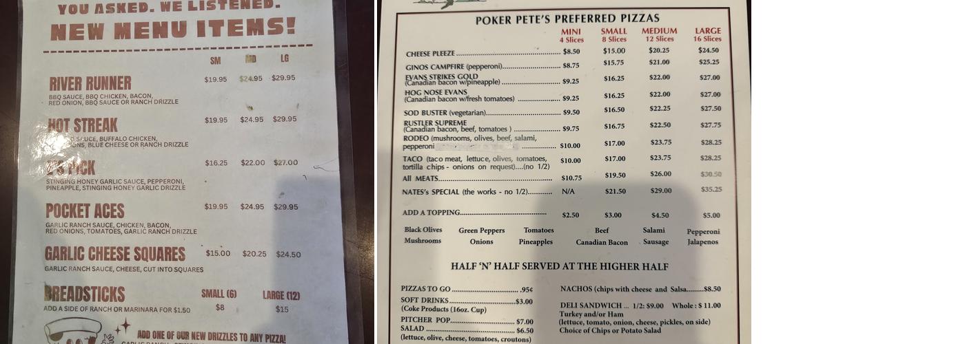 Poker Pete's Pizza Menu