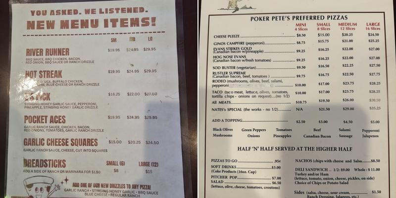Poker Pete's Pizza Menu