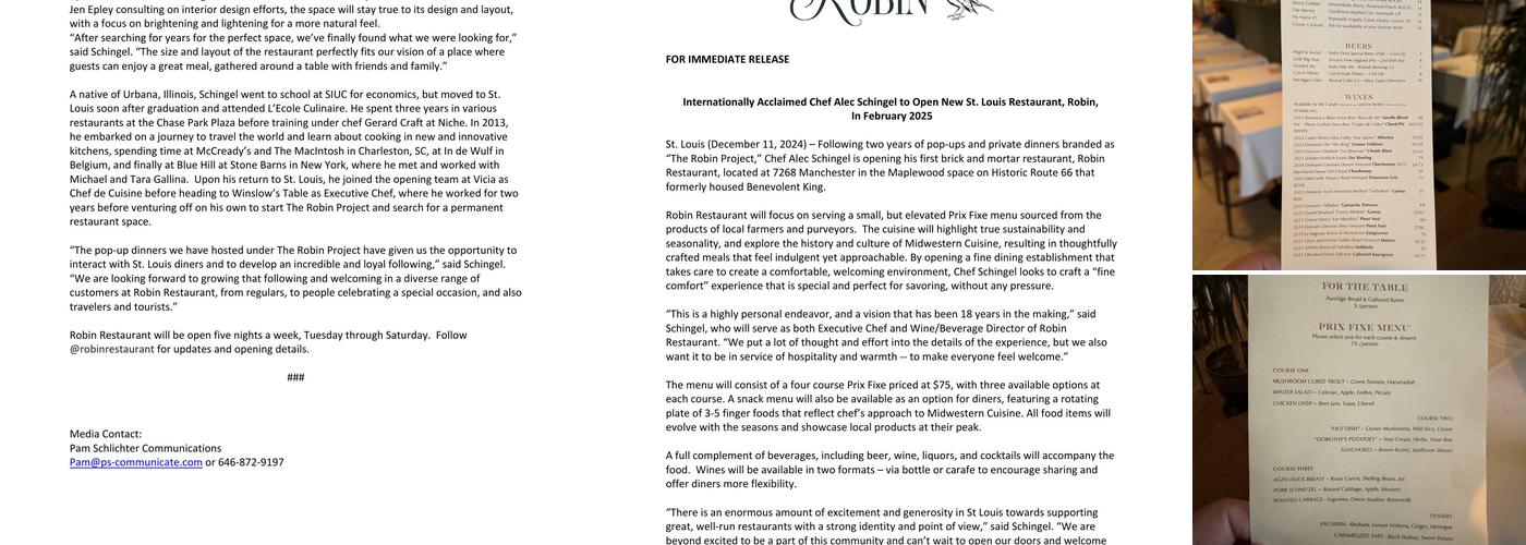 Robin Restaurant Menu