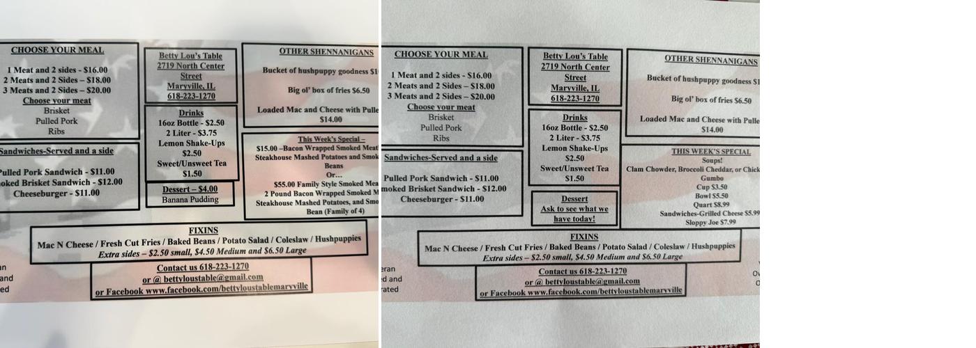 Betty Lou's Table Menu