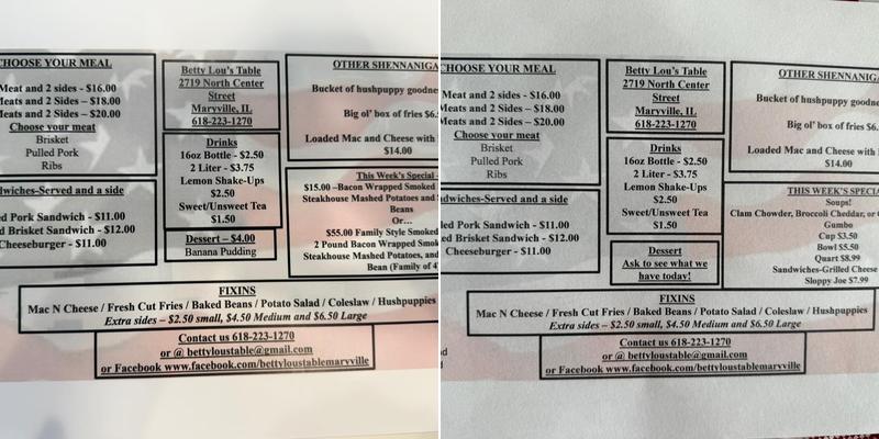 Betty Lou's Table Menu