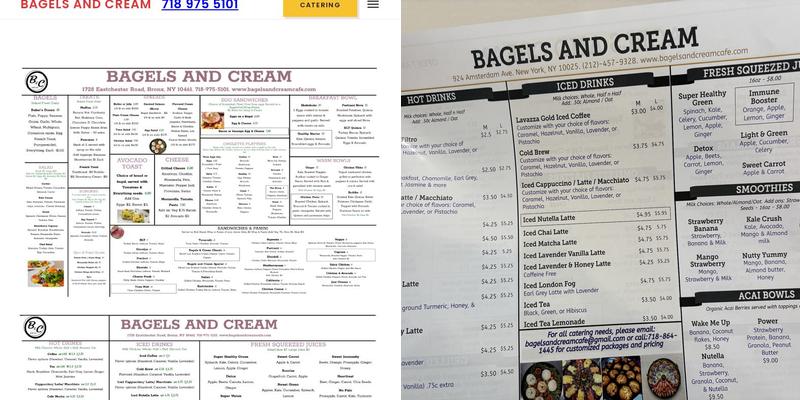 Bagels and Cream Menu
