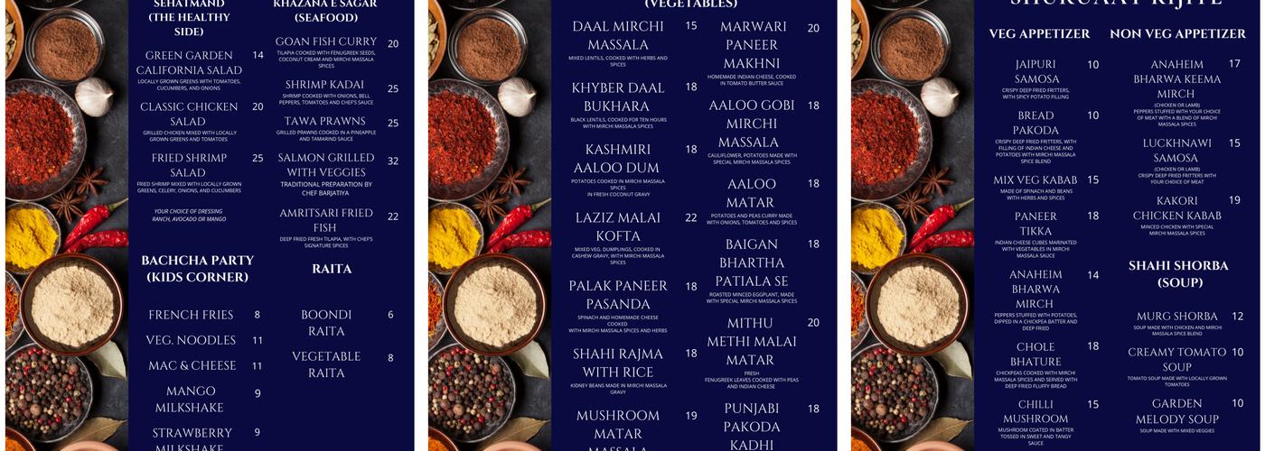 Mirchi Massala Fine Indian Cuisine Menu