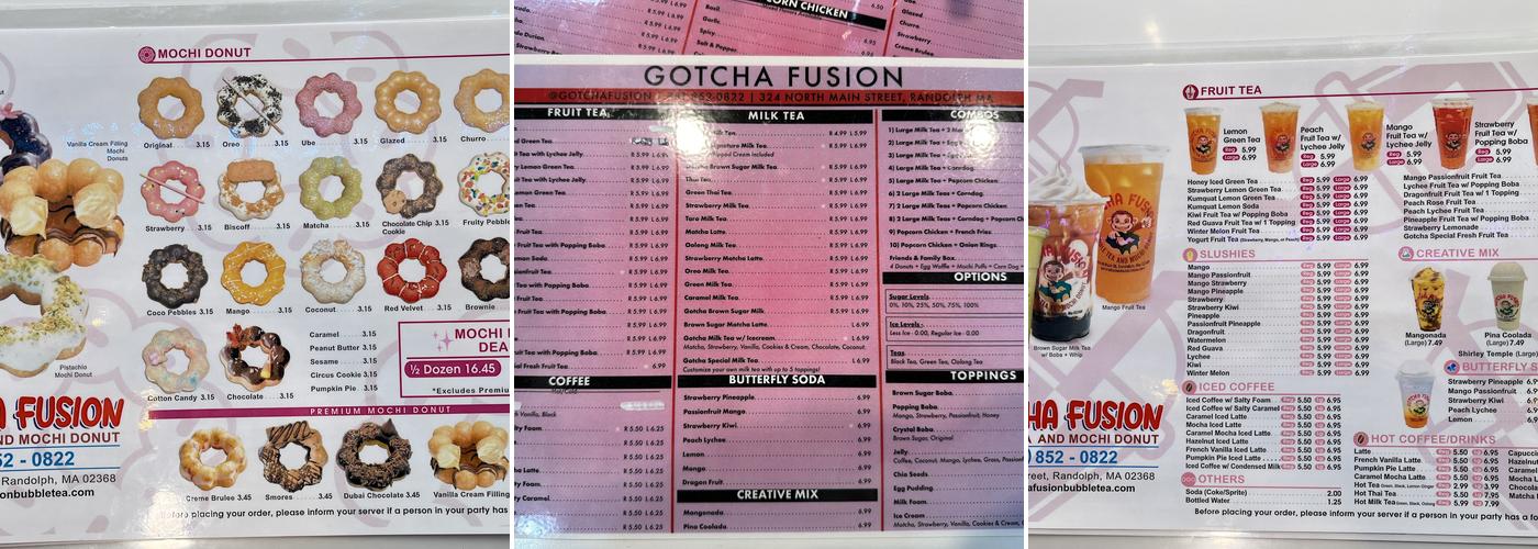 Gotcha Fusion Bubble Tea and Mochi Donuts Menu