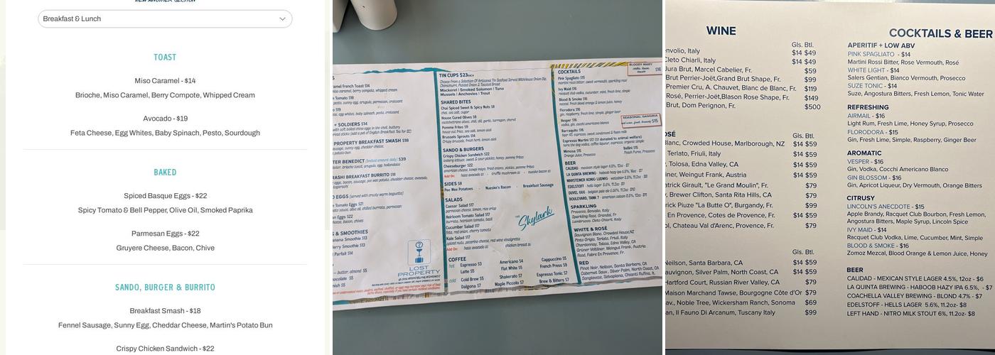 Lost Property Restaurant Palm Springs Menu