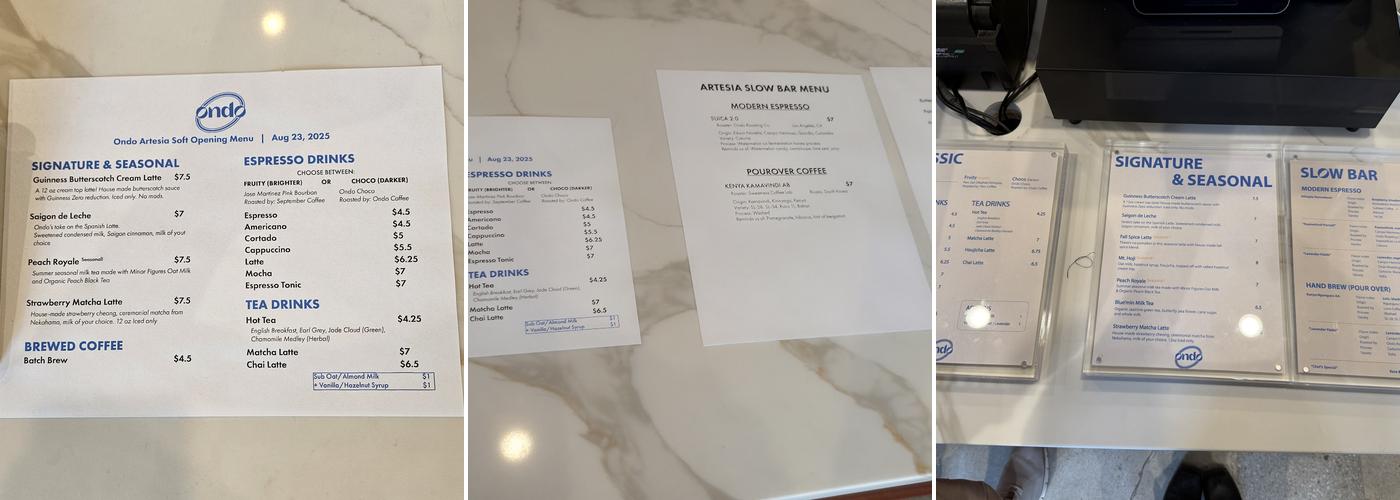 Ondo Coffee Artesia Menu