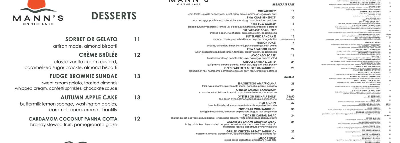 Mann's On The Lake Menu