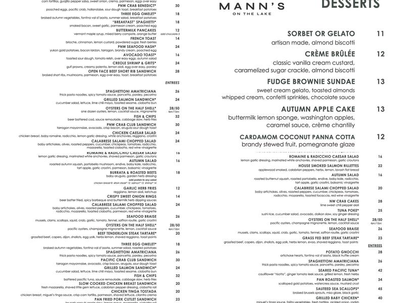 Mann's On The Lake Menu