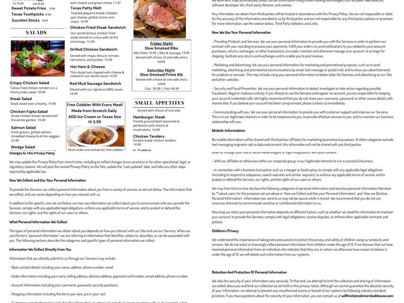 Red River Steakhouse Menu