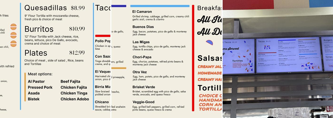 Que Rico Tacos y Mas Menu