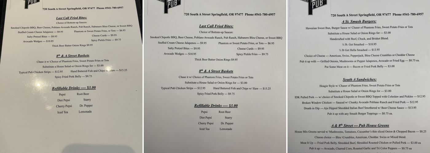 A Street Pub Menu