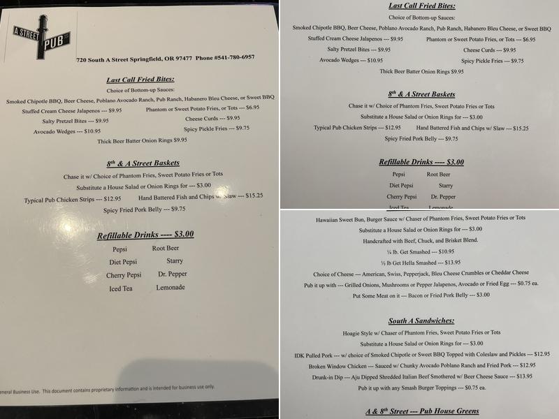 A Street Pub Menu