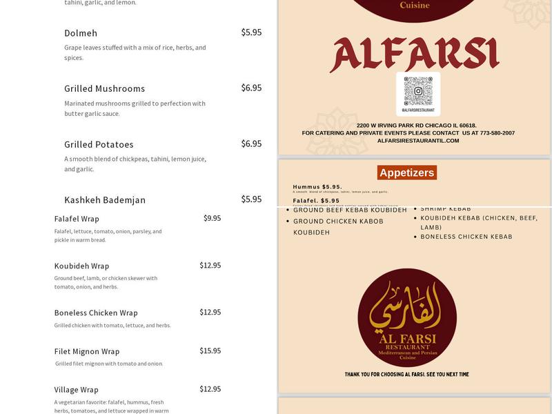 Alfarsi Restaurant Menu