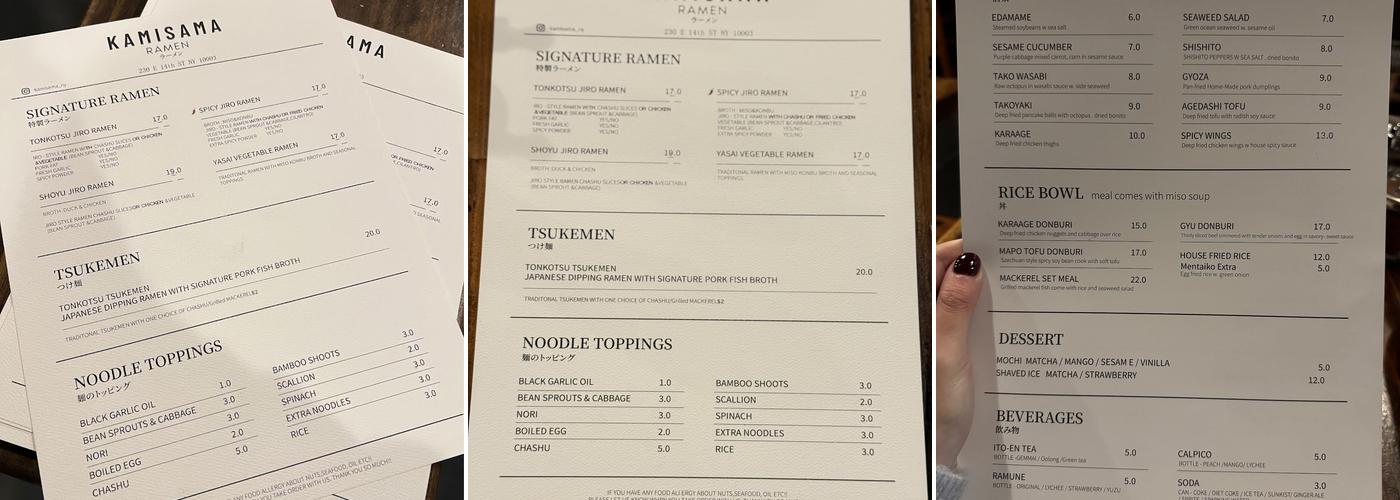 Kamisama Ramen Menu