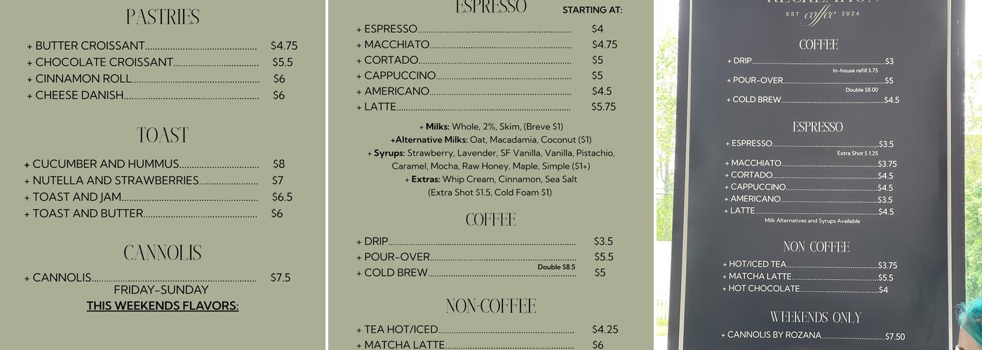 Recreation Coffee Menu