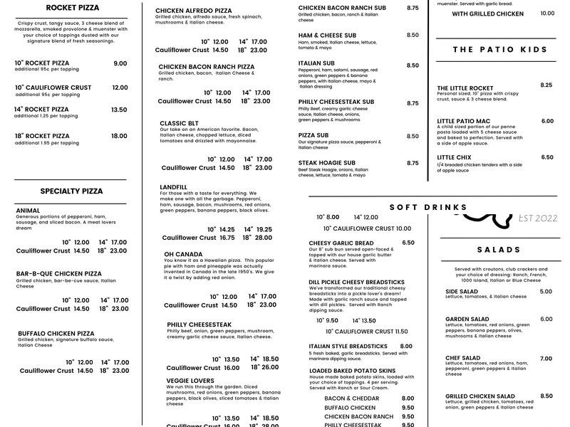 The Patio Grubs & Suds Menu