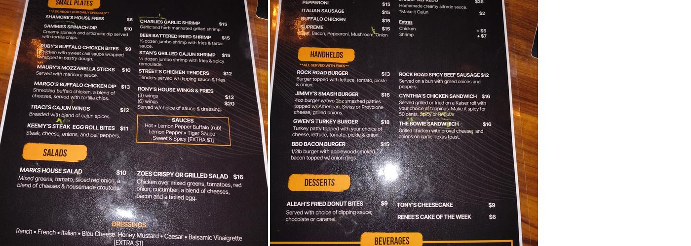 Rock road bar and grill Menu